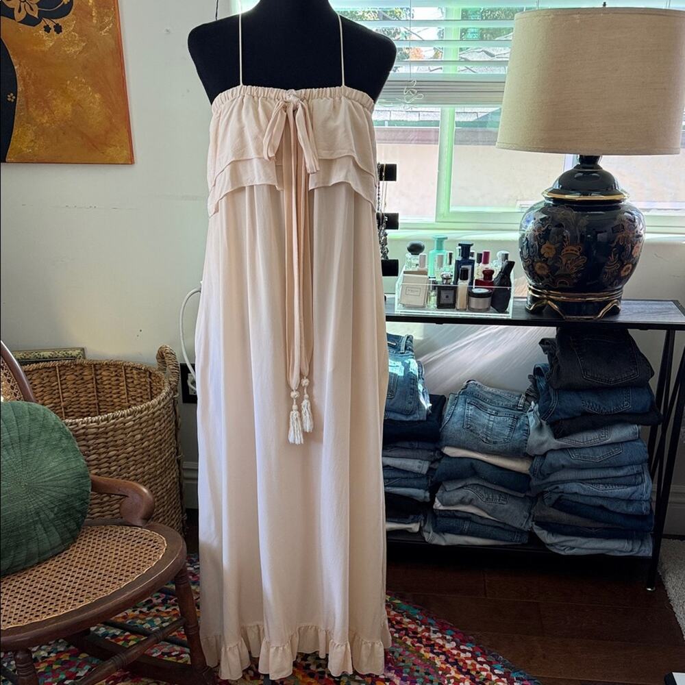 See By Chloe Pale Peachy Sheer Pink Silk Strappy Ethereal Ruffle Boho Maxi Dress